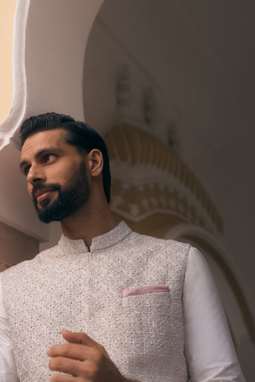 Chaital Embroidered Silk Nehru Jacket - Ivory, Ivory, image 4